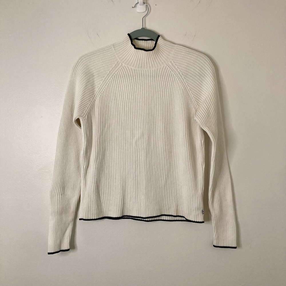 IZOD Ribbed Mock Neck Sweater Cream Black Trim Cotton Blend M
